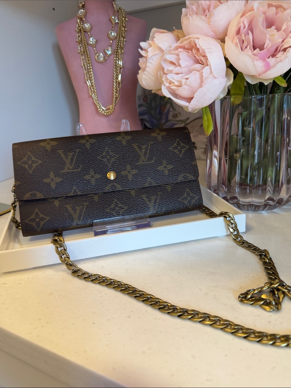 Louis Vuitton EUC Brown Long Monogram Wallet w unbranded bronze crossbody chain